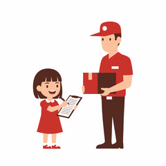 Delivery man handing package to a young girl for signature.