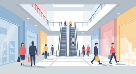 Illustration of people in a shopping mall with escalators and storefronts.