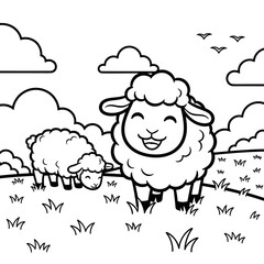 Two sheep are grazing in a field with clouds the sheep are smiling and happy the field is full of grass and the sky is blue