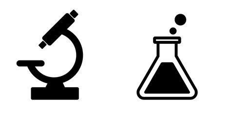Microscope and conical flask icon set vector, symbolizing chemistry, research, laboratory work, education, and scientific discovery
