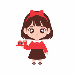 Cute anime girl with red bow holding burger on a plate.