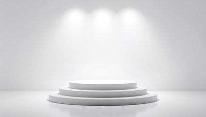 Obraz premium Minimalist white platform with bright spotlights and blank backdrop for showcasing products and advertisements
