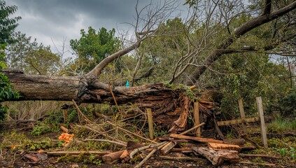 Fototapeta premium Fallen Tree, wind-damaged wood obstructing a fence, erosion risk
