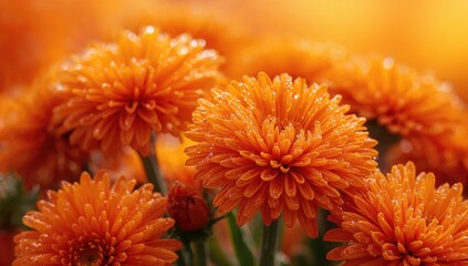 Blooming orange Chrysanthemum flowers adorned with water droplets, ideal for editorial header background