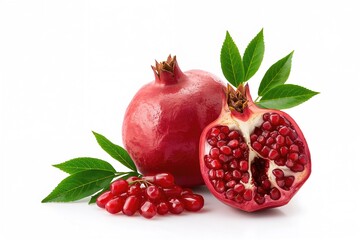 Fresh pomegranate with vibrant green leaves against a white background. High-resolution photo
