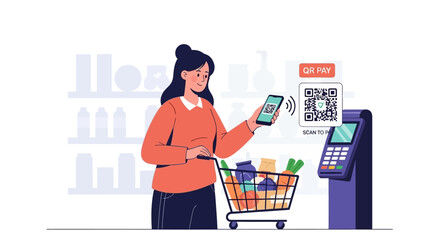 Woman paying with her smartphone at the checkout in a supermarket using a QR code.