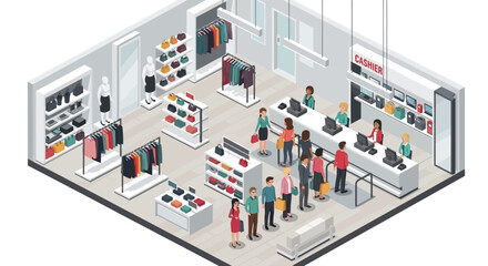 Isometric view of a clothing store with customers at checkout.