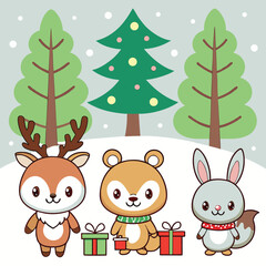 Fototapeta premium A festive vector of cartoon christmas animals and elements including santa, snowman