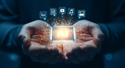 Hands holding a microchip with ai text and media icons above, representing artificial intelligence and data processing.