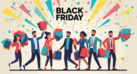 Black Friday sale with happy shoppers holding shopping bags.