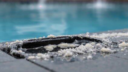 Fototapeta premium Residue buildup of lime and chlorine near the narrow gap of a water feature, centered on dark plastic elements. Out-of-focus backdrop reveals swirling water jets. Perfect for showcasing pool care and