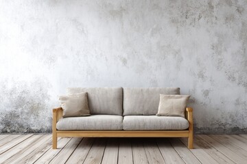 Contemporary wooden framed sofa sits centered against a distressed white wall over a light wood floor
