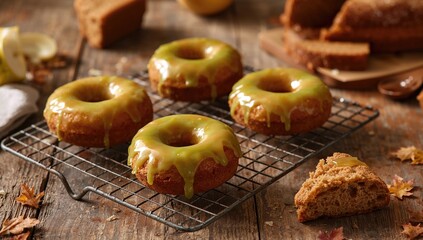 Freshly baked caramel apple donuts topped with green apple icing cooling on a wire rack after a drizzle of apple cider