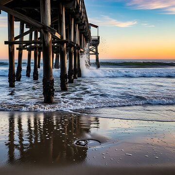 Waves Crashing Underneath a Pier at Sunset.