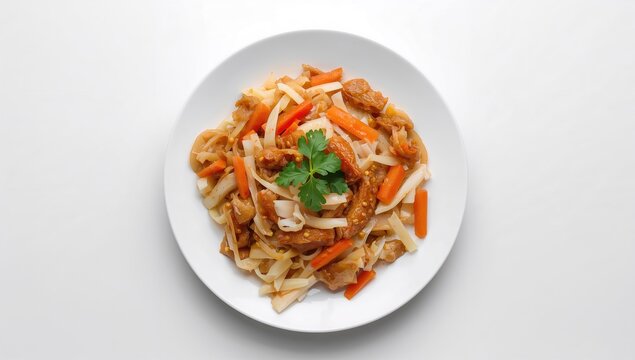 Traditional Asian vegetable risol featuring carrots, cabbage, and noodles on a white plate, top view of a healthy street food snack