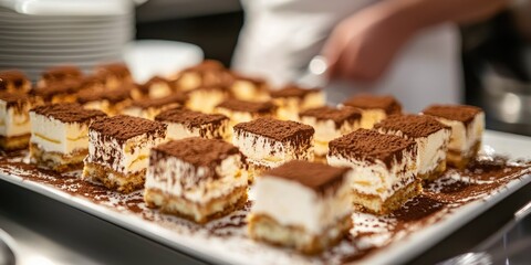 A tray of tiramisu desserts, garnished with cocoa powder, arranged neatly on a white serving tray.