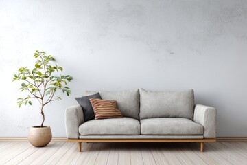 Minimalist interior setting features a light fabric sofa beside a potted houseplant against a textured wall
