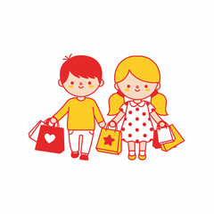 Two happy children holding shopping bags after a successful shopping trip.