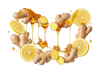 Golden Honey Dripping on Fresh Ginger and Lemon Slices - Natural Wellness Ingredients
