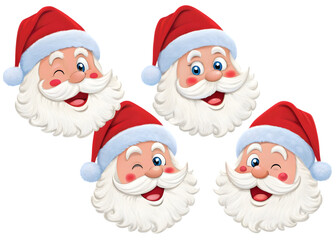 Four cartoon santa claus heads with red hats and white beards, isolated on transparent background