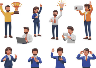 3D Vector Cartoon Characters with Emotions and Actions on White Background