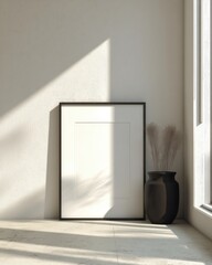 A black framed white picture is on a table