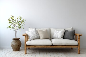 Minimalist interior design showcases a wooden sofa with decorative cushions beside a potted houseplant against a plain wall