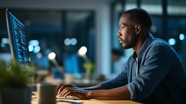 An African American engineer reviews big data on a dashboard coding algorithms a futuristic interface glowing his desk with a coffee mug and plants big data analysis AI coding