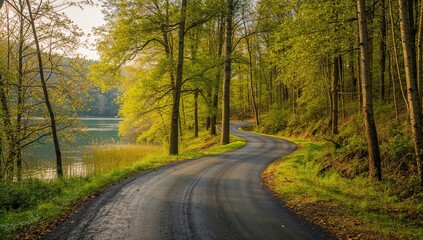 Fototapeta premium Forest path during spring by the lakeside, showcasing nature's vibrant greenery, seasonal change
