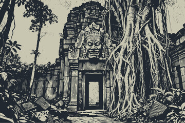 Naklejka premium Ancient jungle temple ruin overgrown with massive tree roots. Vector illustration in a vintage black and white woodcut or engraving art style.