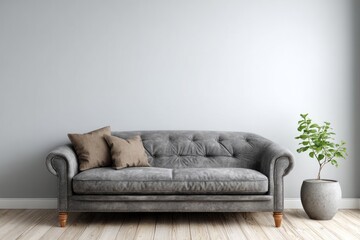 Elegant gray tufted sofa sits against a bright, minimalist wall with a potted green plant.