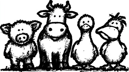 Cartoon animals illustration featuring pig cow duck and other farm animals