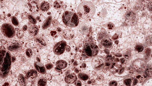 Close-up view revealing numerous blood cells on a white background