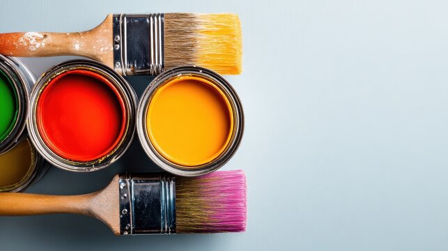 Top View of Colorful Paint Cans and Brushes on Blue Background - Powered by Adobe