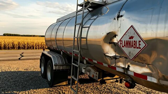 Damaged silver tanker truck with flammable sign and dents parked on gravel near corn field road in rural accident footage