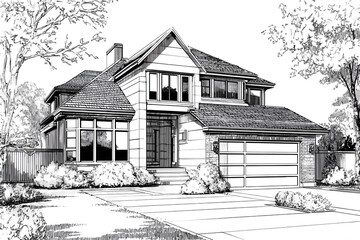 Detailed sketch of a two-story residential house surrounded by lush foliage and trees