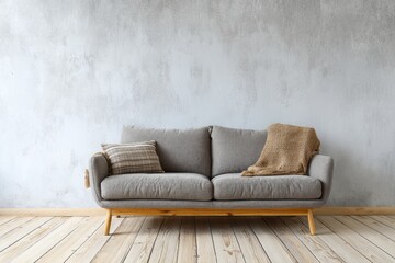 Minimalist living room features a contemporary gray sofa against a textured pale wall and wooden floor