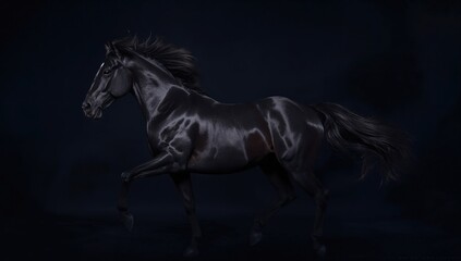 Galloping black horse on dark backdrop, symbolizing strength and power