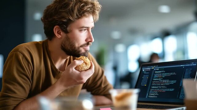 An AI startup engineer munches a snack annoyed as code compiles slowly on a laptop screens showing sluggish progress a cluttered desk with code printouts AI code compiling
