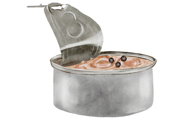Canned tuna fillet watercolor. Hand-drawn packed ocean fish on a white background. Food clip art. Perfect for restaurant menu recipe books and Japanese cuisine.