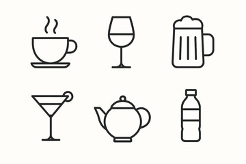 Set of drink icons: coffee, tea, wine, beer, cocktail, water bottle