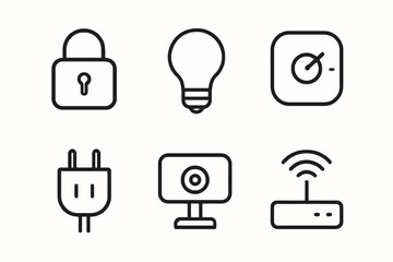 Smart home icon set featuring lock, light bulb, thermostat, plug, camera, wi-fi router