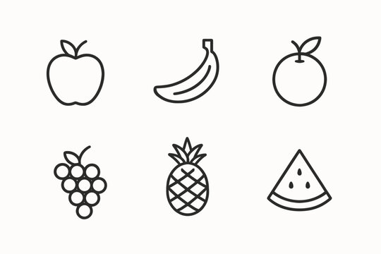 Simple black outline drawings of six different fruits in icon style