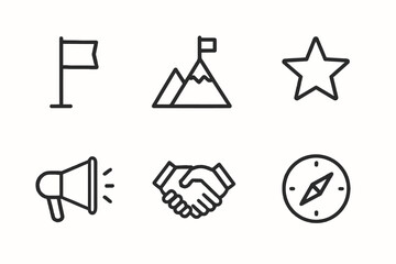 Set of six icons: flag, mountain, star, megaphone, handshake, compass