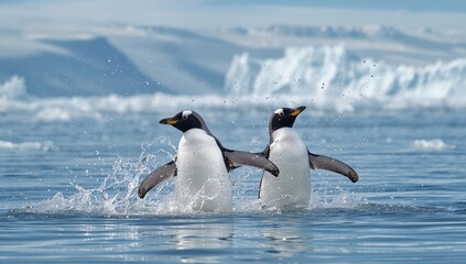 Fototapeta premium Two lively penguins frolic in freezing waters, displaying their nimbleness amidst snowy peaks and calm azure skies.