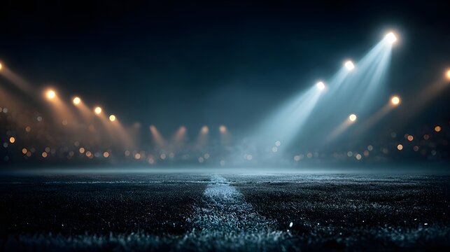 Dramatic, atmospheric, photorealistic shot of an empty sports field at night. Bright, hazy stadium lights shine down in the blurred background.