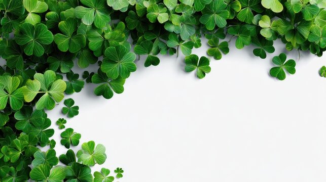 Vibrant green shamrocks adorn a clean white background for St. Patrick's Day celebration.