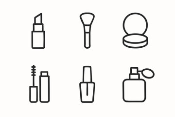 Minimalist cosmetic icons: lipstick, brush, compact, mascara, nail polish, perfume