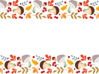 Colorful leaves, berries, acorns and mushrooms - autumn border. Fall season template with copy space. Botanical forest motifs frame, vector graphic