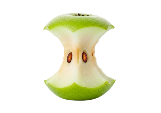 Fresh Green Apple Core with Visible Seeds, Isolated on Pure White Background – Symbolizing Healthy Eating, Finished Snack, and Organic Nutrition.